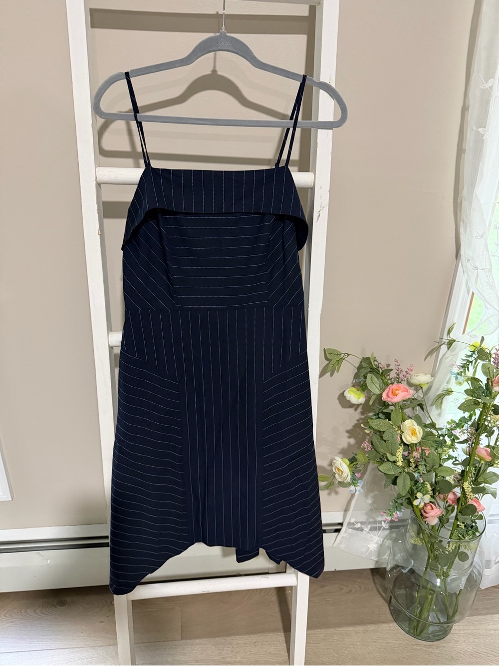 Banana Republic Navy Pinstripe Midi Dress with Spaghetti Straps